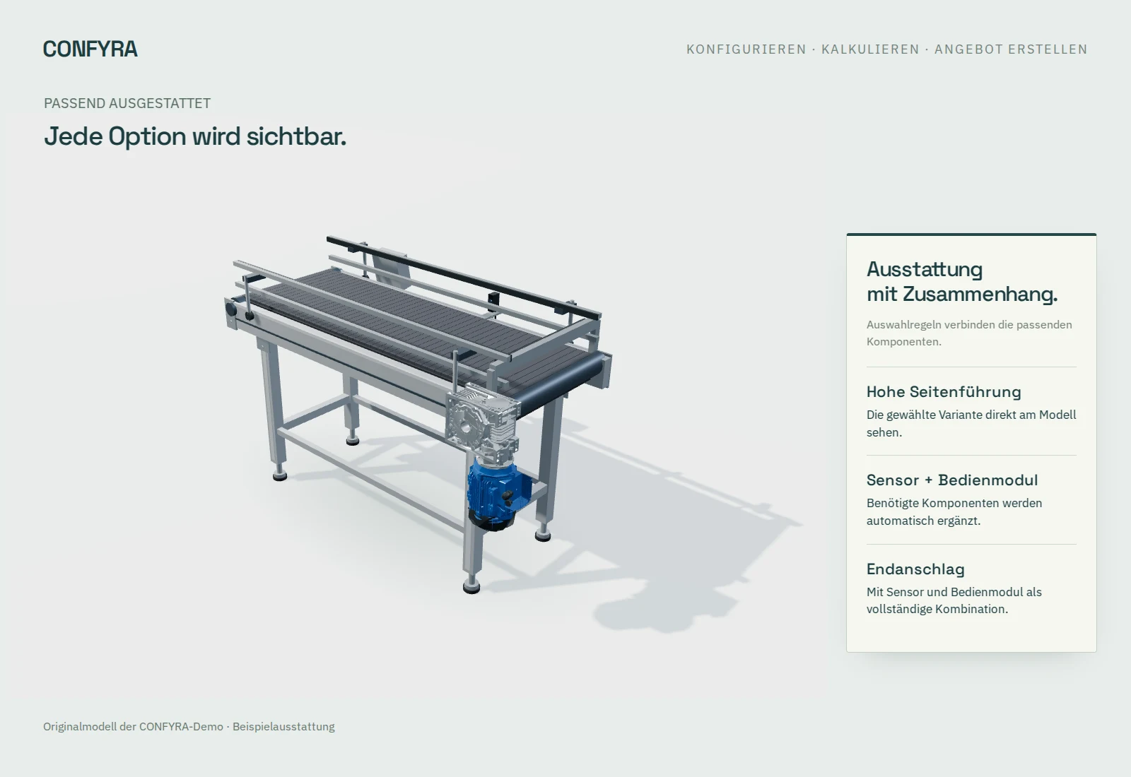Fördermodul mit hoher Seitenführung, Produktsensor und Bedienmodul aus der Angebotsdemo