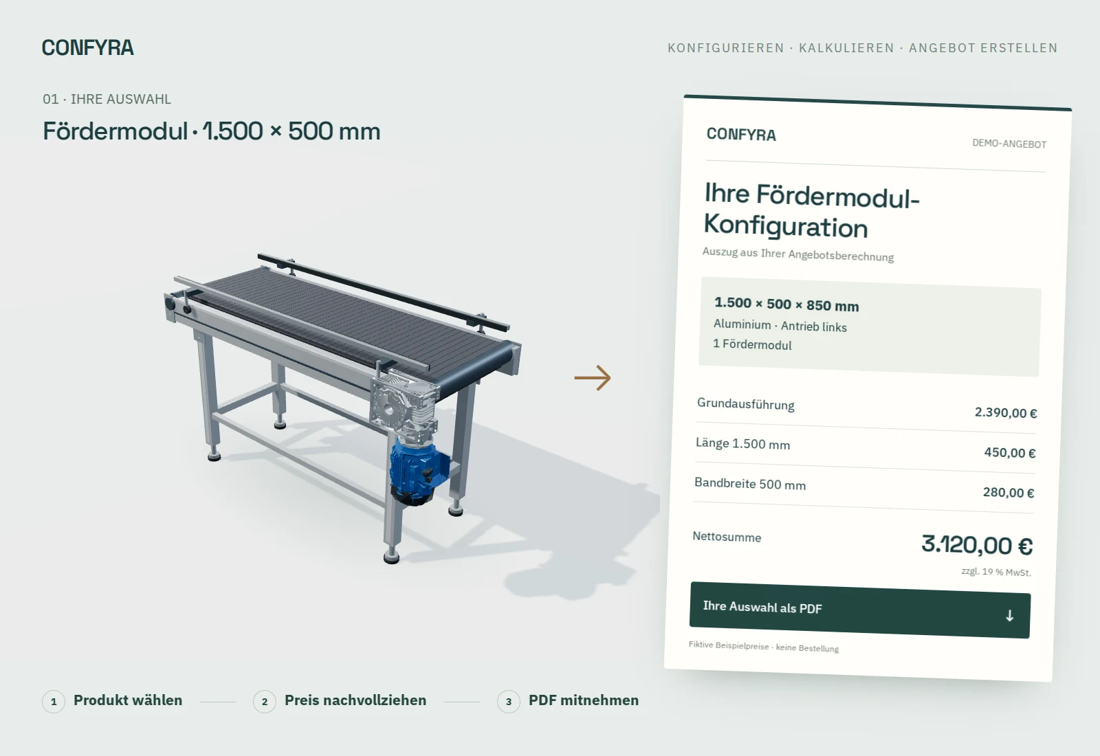 Fördermodul mit zugehöriger Preisaufstellung und PDF-Angebot aus der Demo
