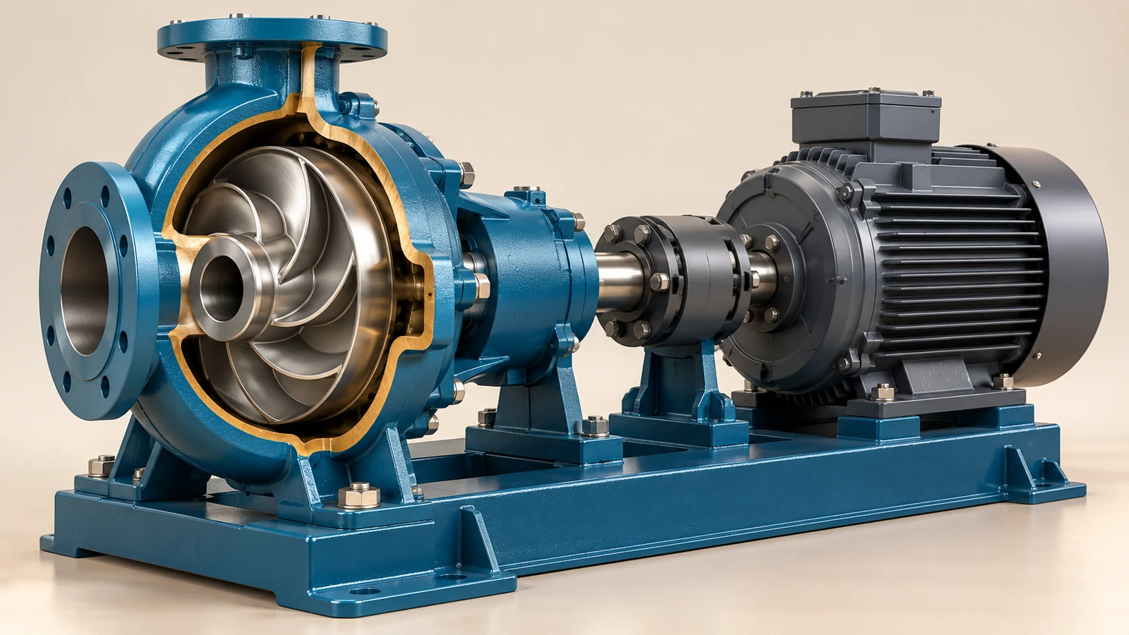 Konzept eines geöffneten Pumpenaggregats: Motor, Welle, Laufrad und Gehäuse
