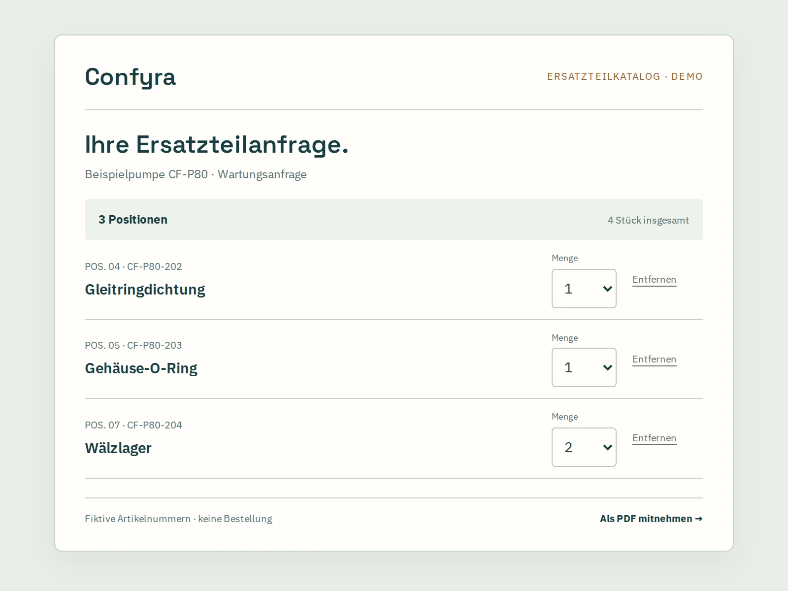 Anfrageliste der Ersatzteilkatalog-Demo mit ausgewählten Artikeln und Mengen