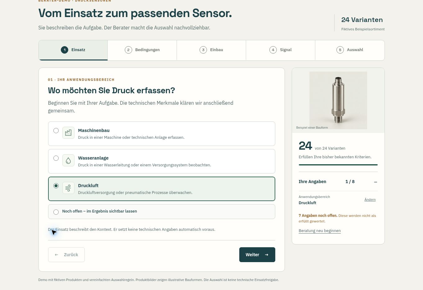 Frage im Drucksensor-Berater: Wo möchten Sie Druck erfassen? Druckluft ist gewählt.