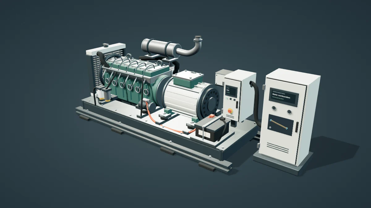 Originalansicht der Diesel-Schulung: geöffnetes Aggregat mit Motor, Generator, Steuerung und Umschaltung