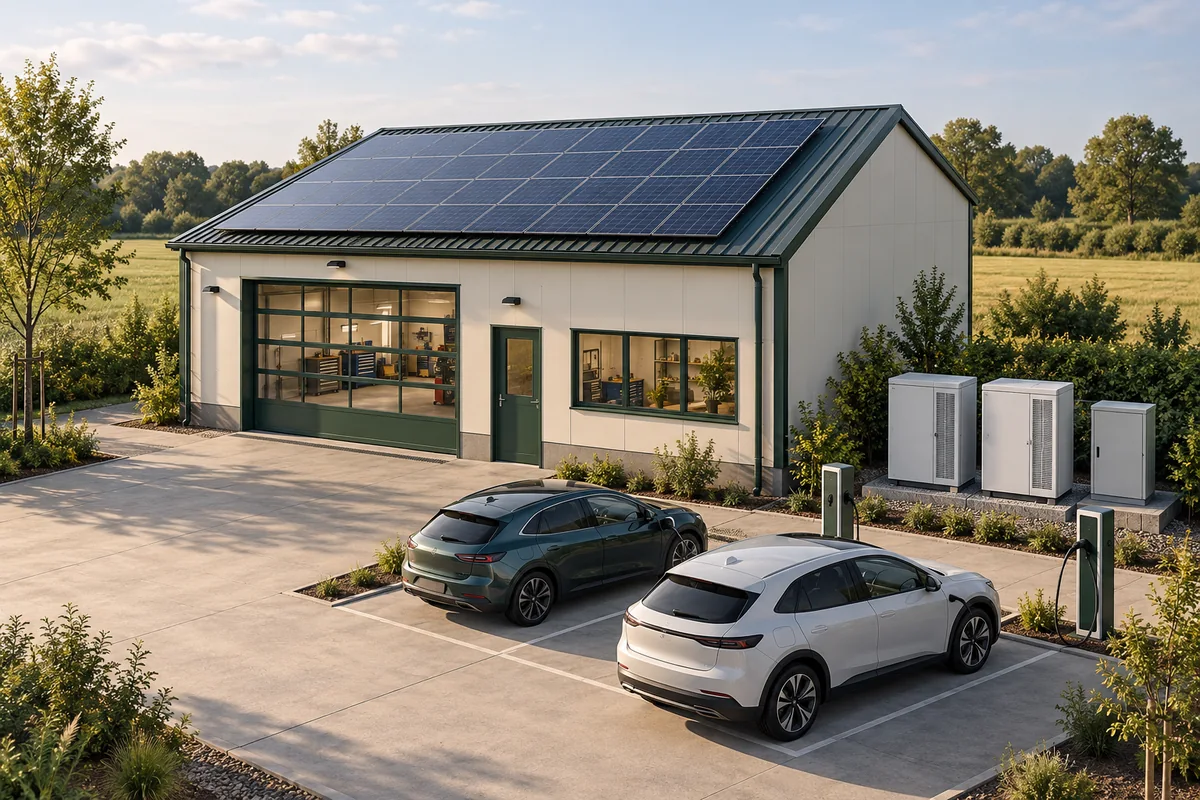 Illustration eines Gewerbegebäudes mit Photovoltaik, Batteriespeicher und Ladepunkten