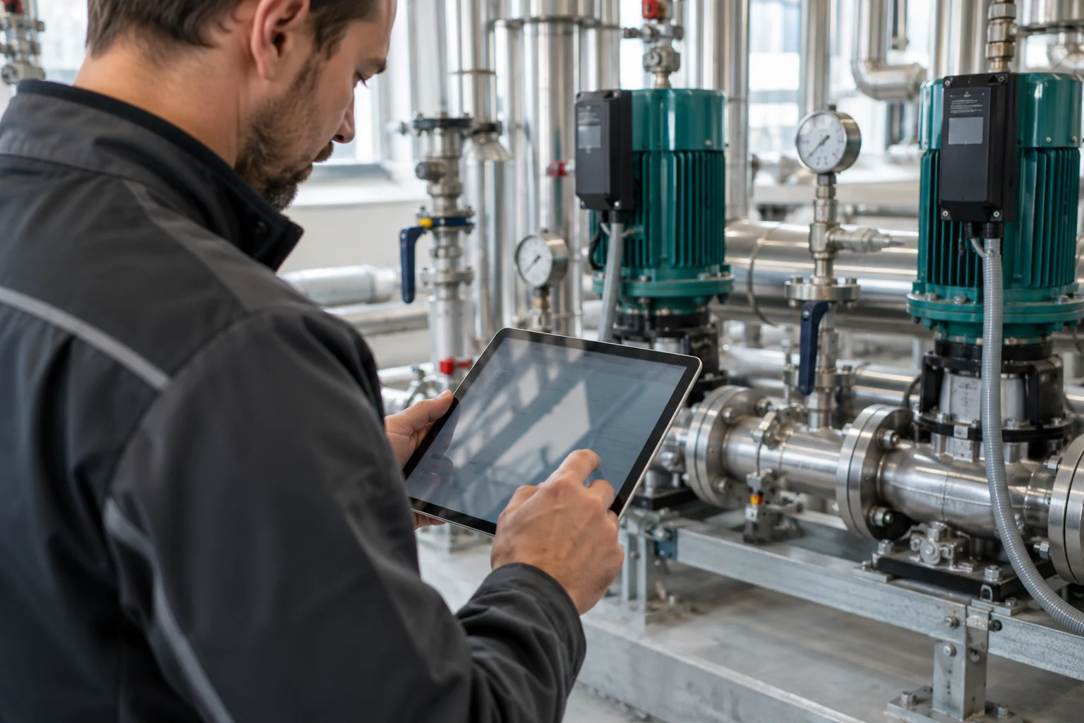 Technische Fachkraft mit Tablet in einer industriellen Umgebung, illustrative Darstellung mobiler Nutzung