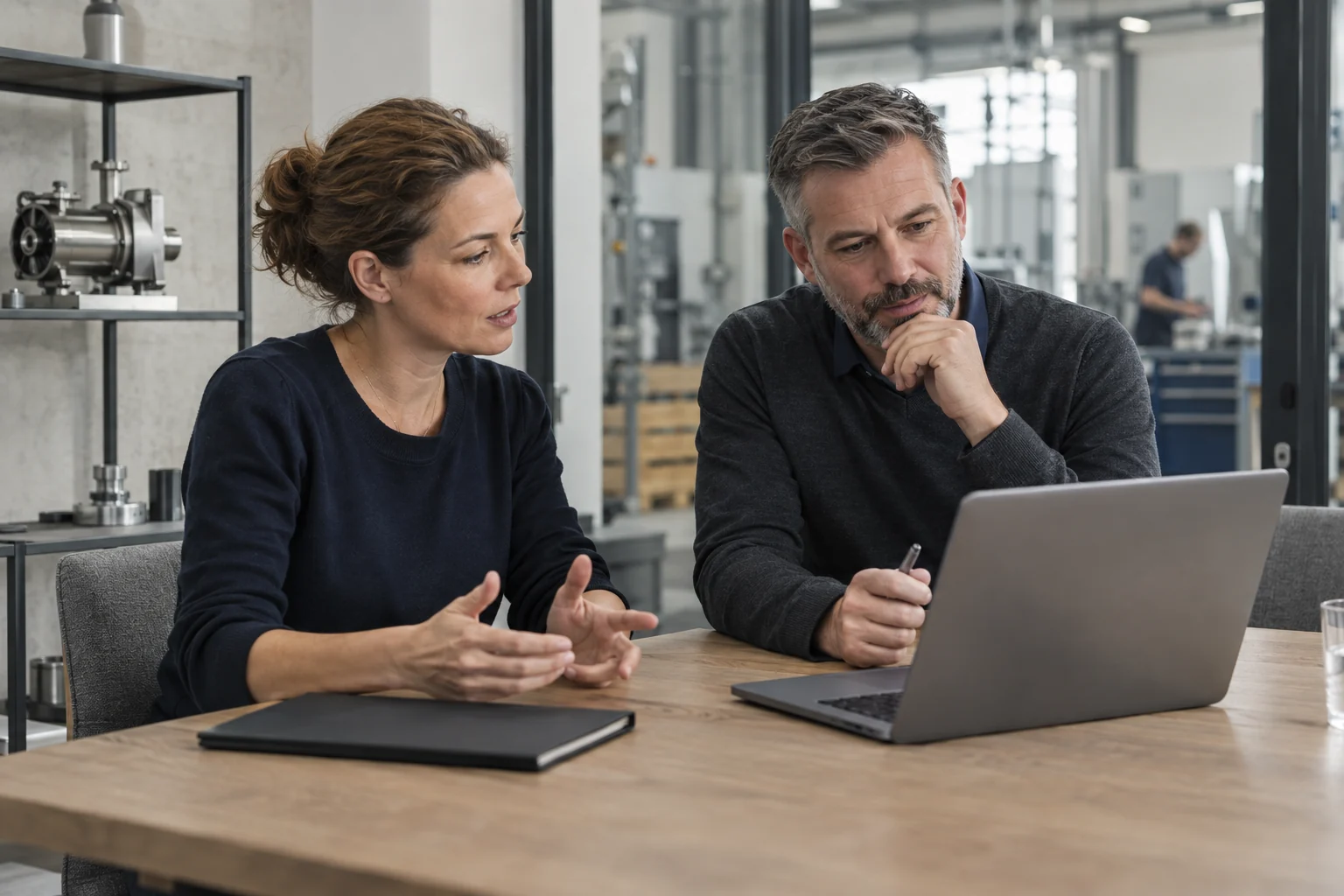 Illustrative Beratungssituation: technische Fachleute besprechen Daten und Produkte am Arbeitsplatz