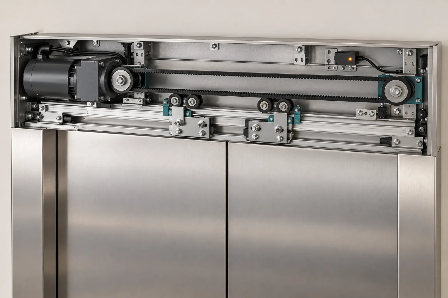Konzept eines Aufzugtürsystems mit Türantrieb, Riemen, Führungsrollen und geschlossenen Türblättern