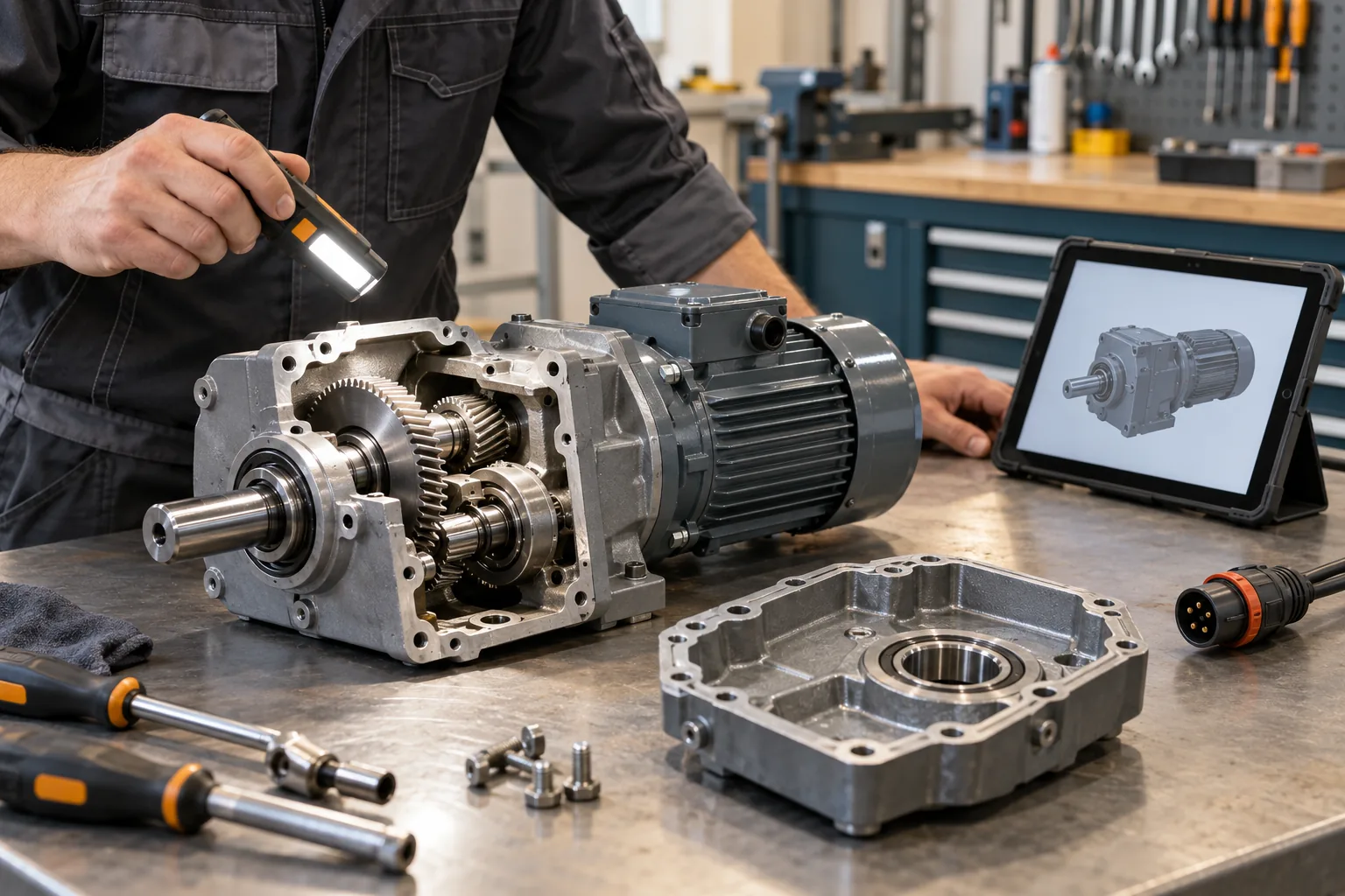 Konzept eines geöffneten Getriebemotors mit sichtbaren Zahnrädern und digitaler Modellansicht auf einem Tablet