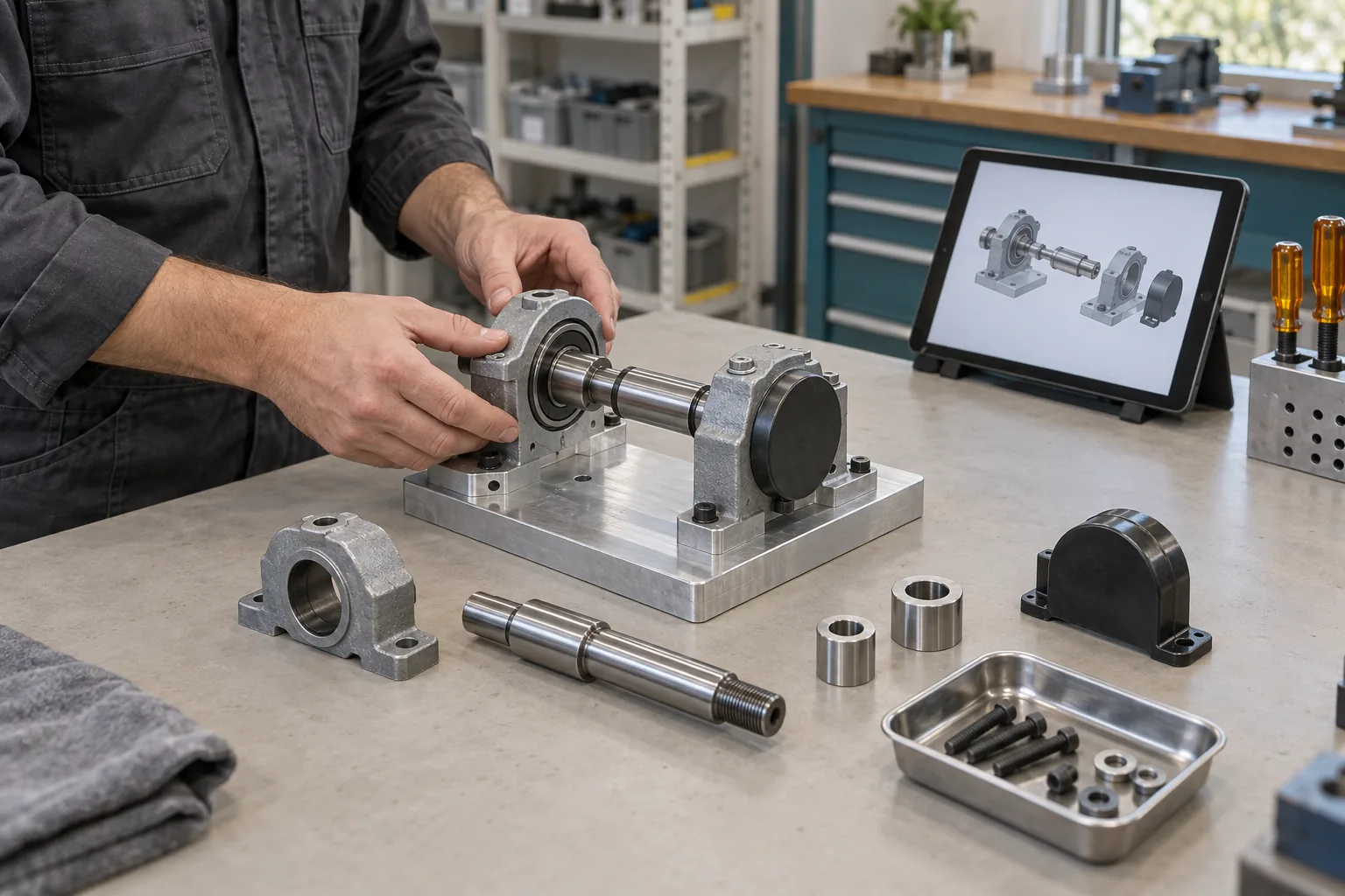 Konzept einer Wellen- und Lagerbaugruppe mit zugehörigen Bauteilen am technischen Arbeitsplatz.