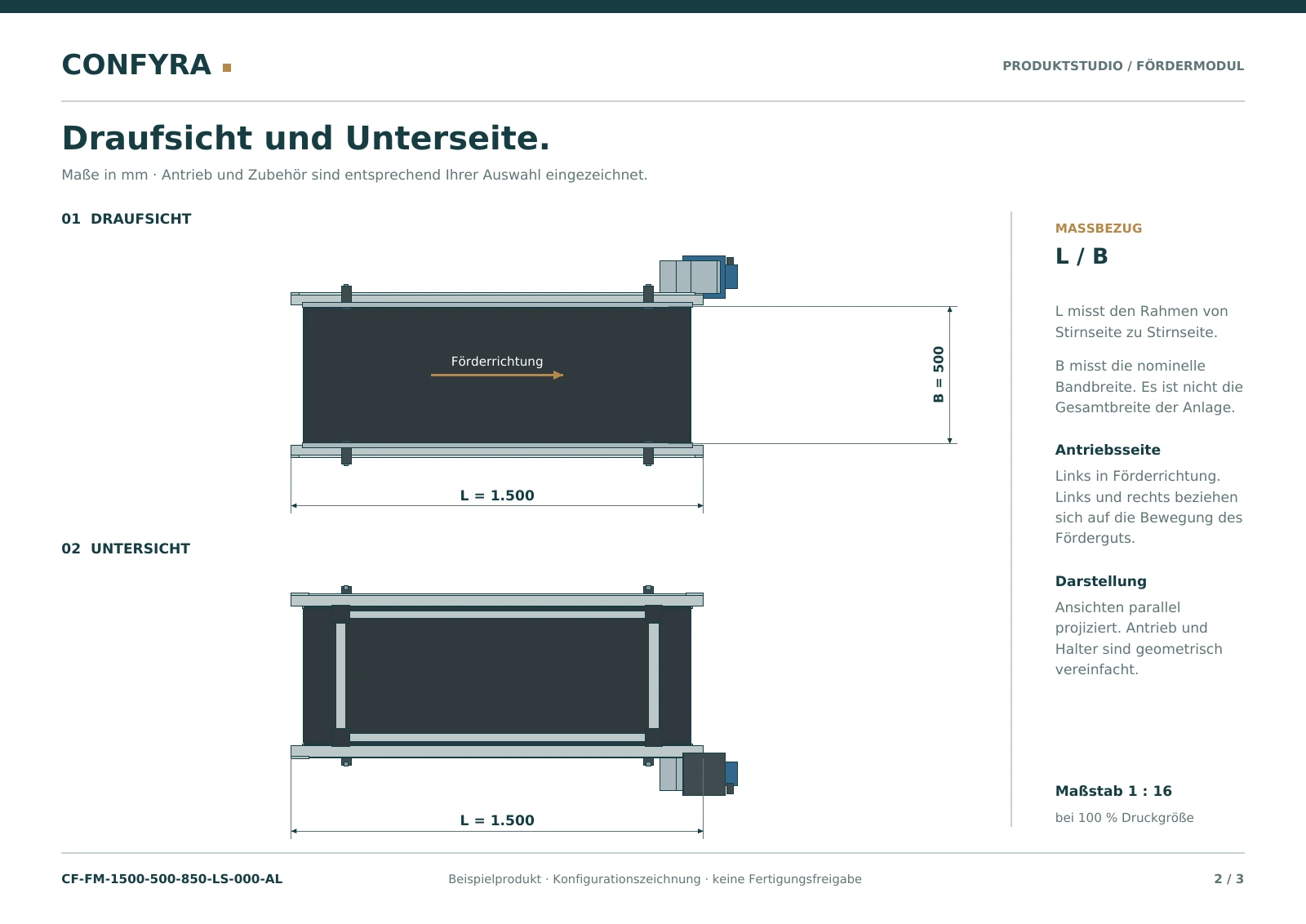 Seite 2 des tatsächlichen PDF-Exports: Draufsicht und Unterseite des Fördermoduls, Länge 1.500 mm und Bandbreite 500 mm