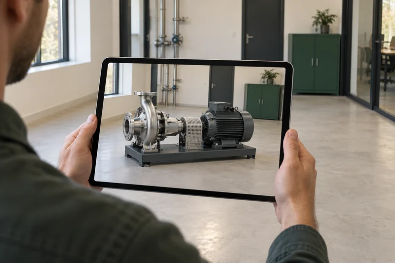 Konzept einer AR-Produktplatzierung über ein Tablet in einem Technikraum.