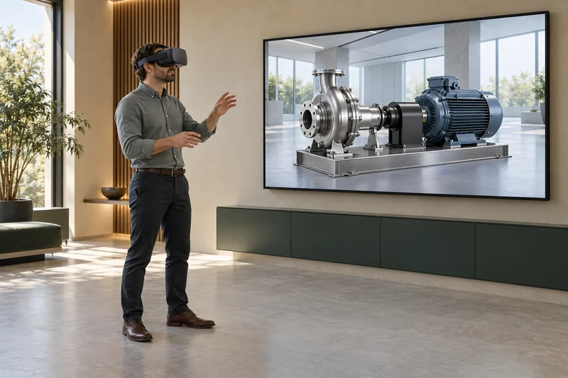 Konzept einer technischen Produktpräsentation mit VR-Brille und Maschinenansicht.