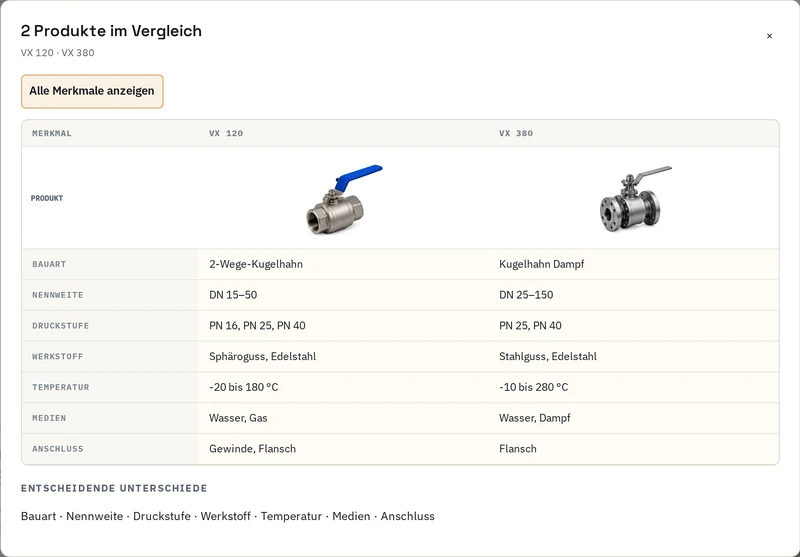 Originalaufnahme: Die Ventil-Demo vergleicht VX 120 und VX 380 nach der Suche DN50 Edelstahl.