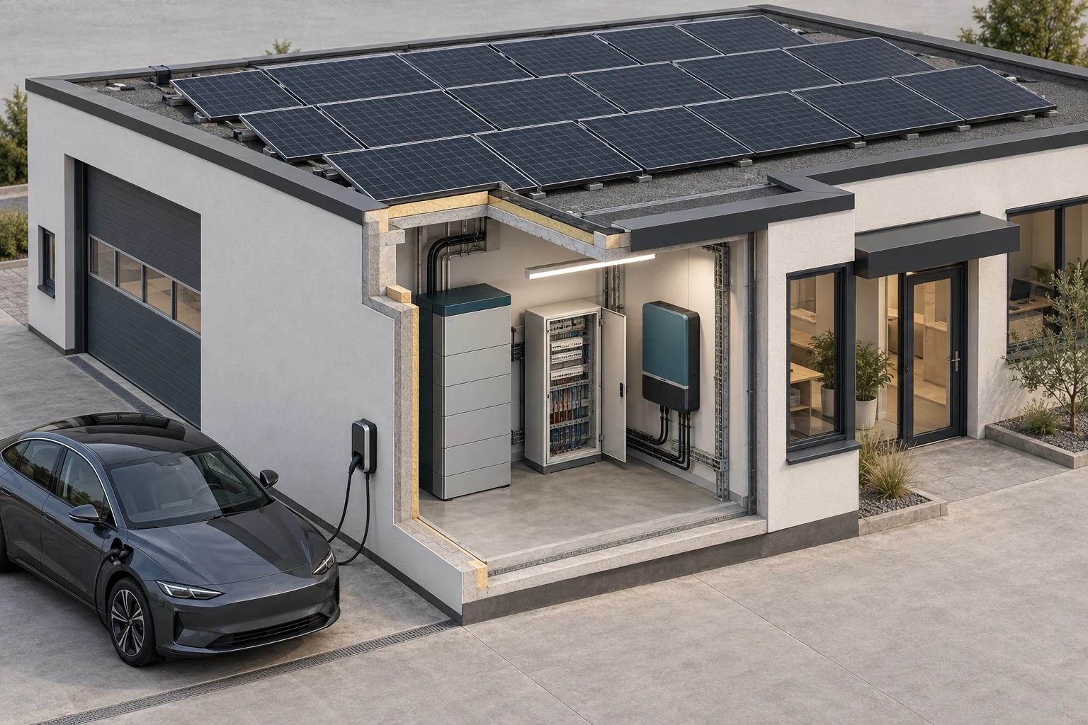 Technische Illustration eines Gebäudesystems mit Photovoltaik, Batteriespeicher, Verteilung und Elektroauto am Ladepunkt