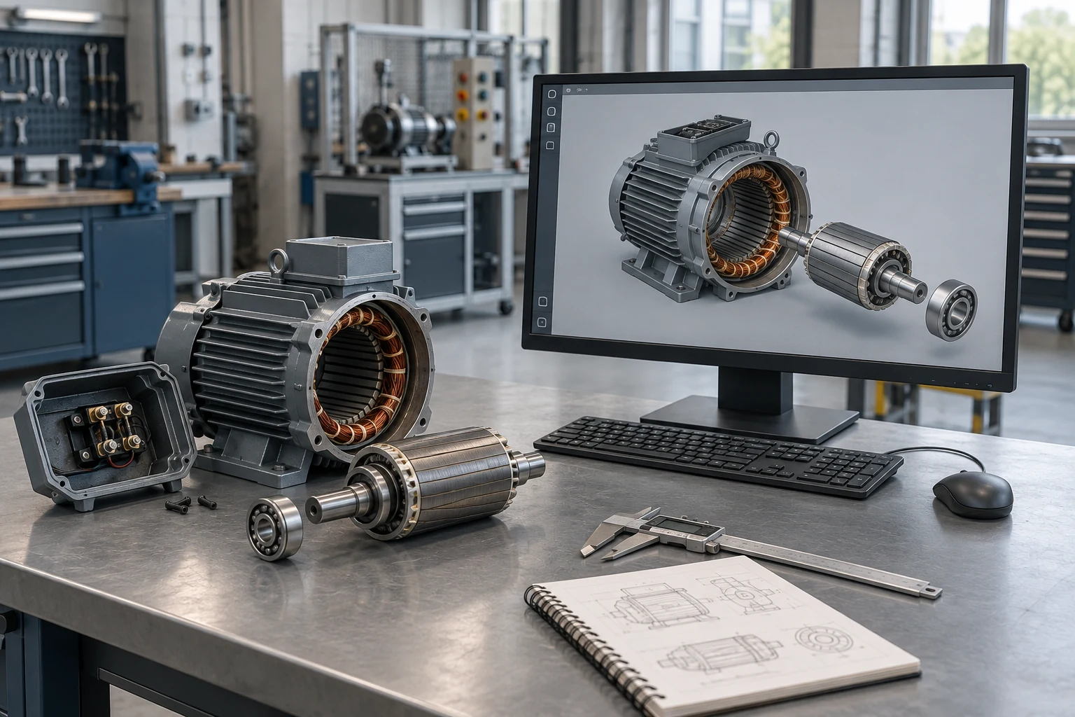 Visualisierung eines technischen Lernarbeitsplatzes mit geöffnetem Elektromotor und zugehörigem 3D-Modell am Bildschirm