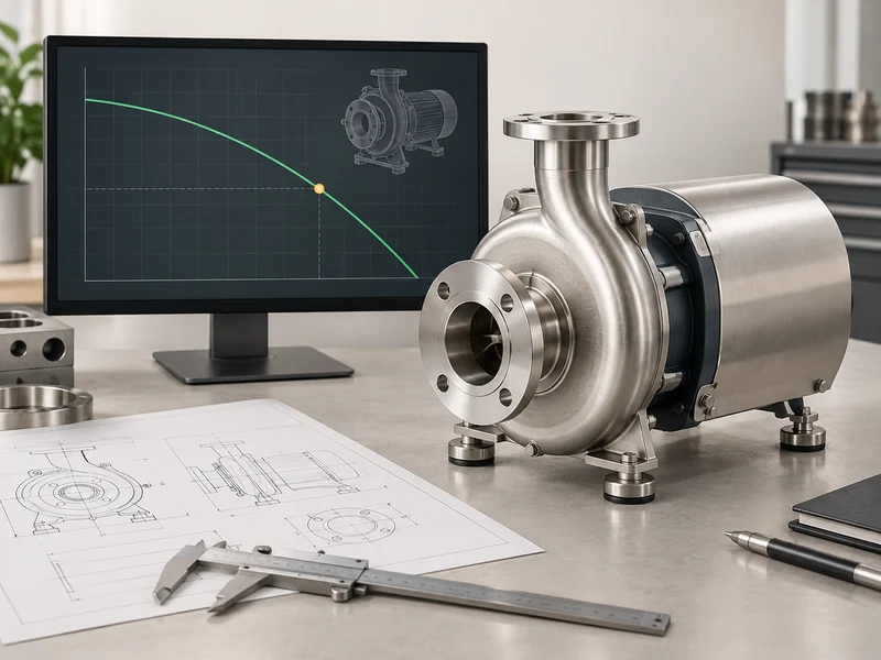 Illustration einer Edelstahlpumpe am Engineering-Arbeitsplatz mit technischer Zeichnung und schematischer Auswertung